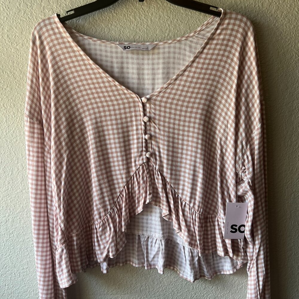 Women's SO Checkered Button Down Flounce Crop | Blush | Size L & XL Available